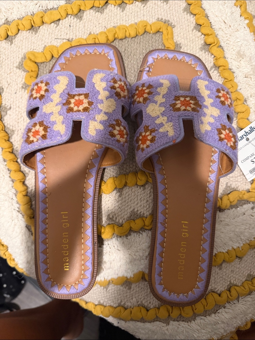 Madden Girl Lavender Crochet Slide Mules with Cream & Orange Embroidery